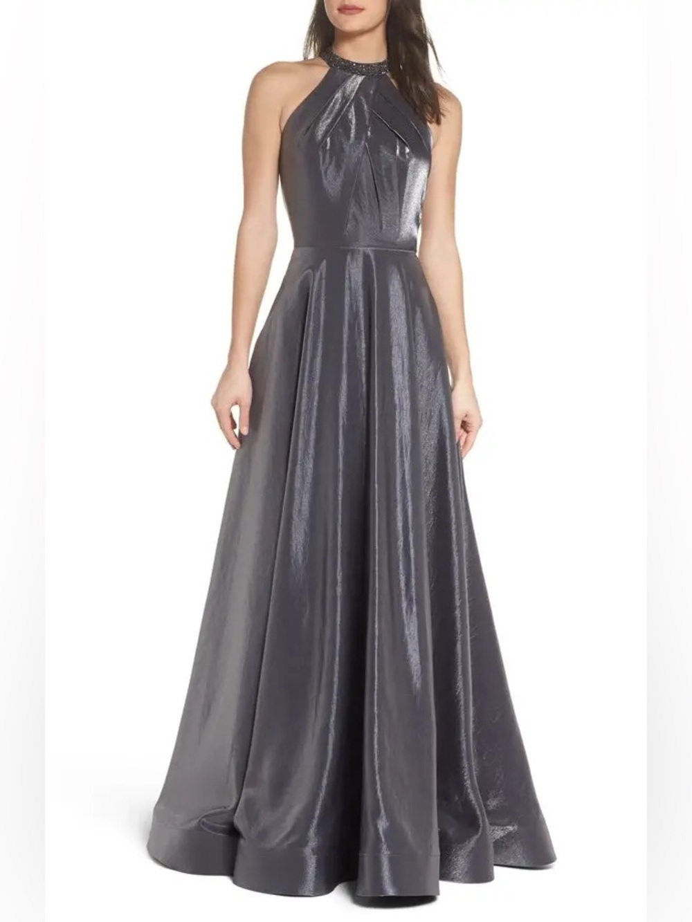 La Femme Halter Gray Silver Maxi Beaded Neckline Gown Size 8 / Medium